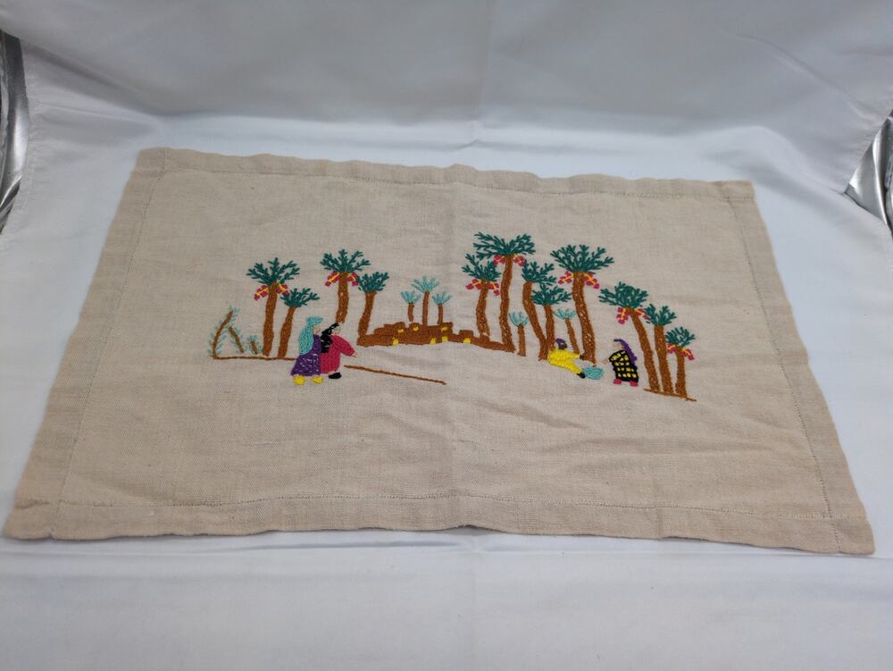 Vintage Hand-Embroidered Cultural Village Motif Desert Oasis Linen Placemat
